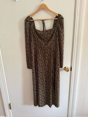 Brown Floral Long Sleeve Midi Dress